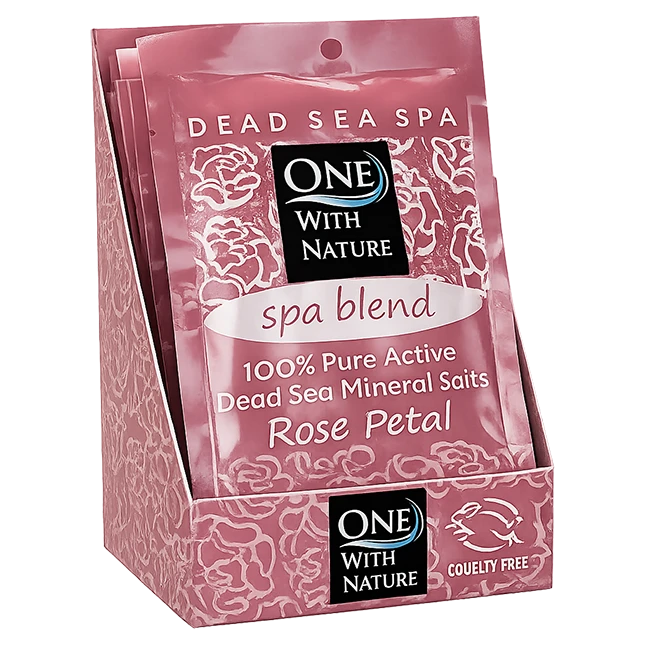 One With Nature Rose Petal Dead Sea Mineral Salts spa blend in pink packaging with cruelty-free product labeling.