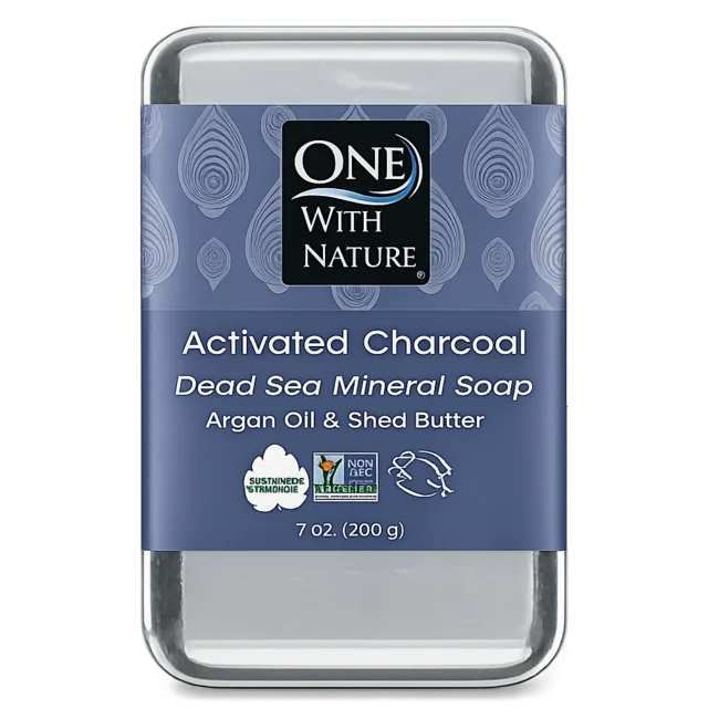 One With Nature Activated Charcoal Dead Sea Mineral Soap with argan oil and shea butter in sustainable packaging.